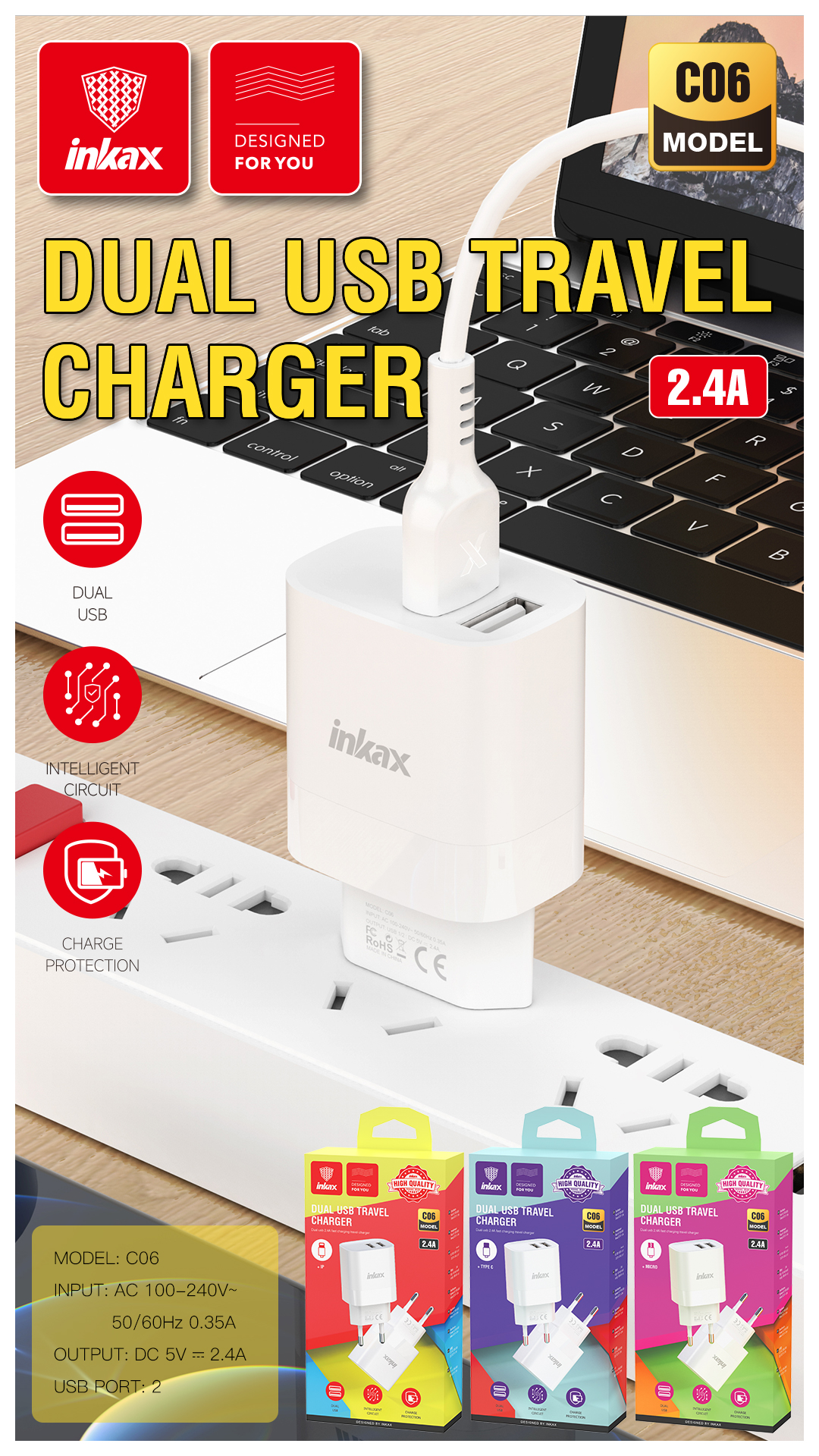 Chargeur Inkax C06 12W 2 Ports USB